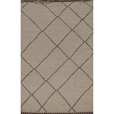 Trellis Moroccan Oriental Area Rug Hand-Knotted Beige Wool Carpet - 5'7"x 8'0"