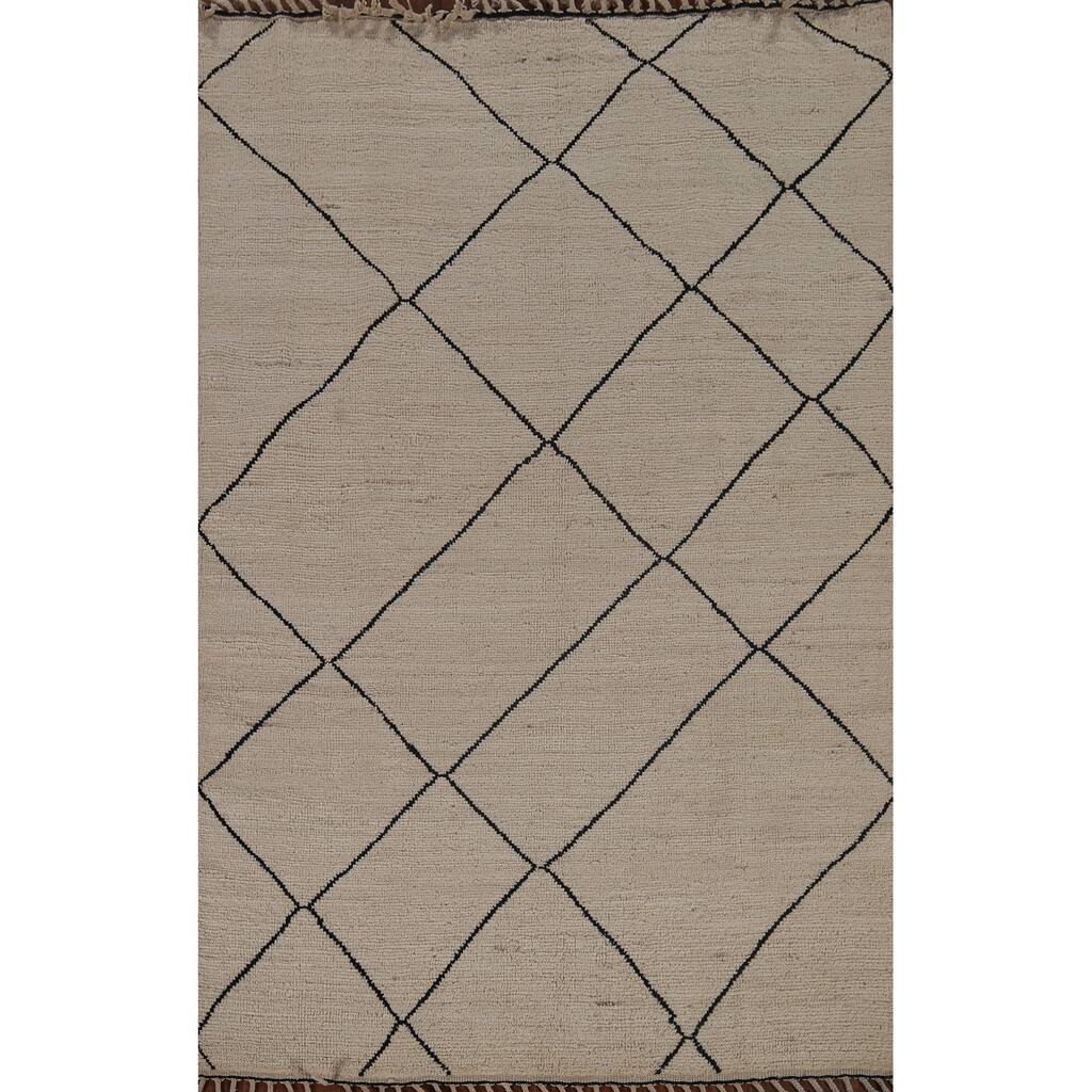 Trellis Moroccan Oriental Area Rug Hand-Knotted Beige Wool Carpet - 5'7"x 8'0"