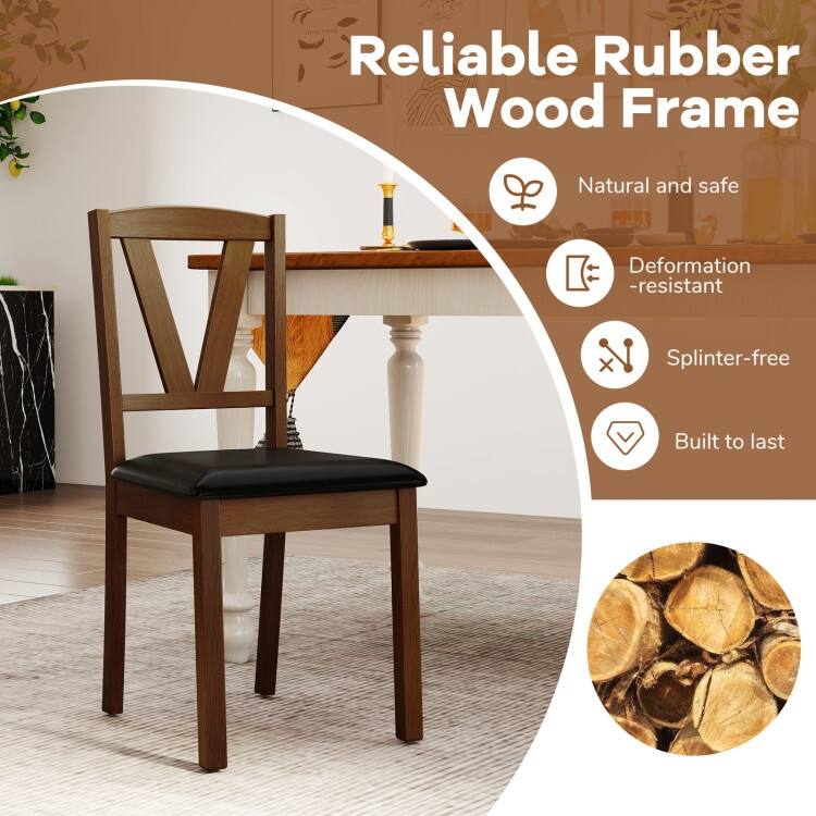 Rubber Wood Dining Chairs Set of 2 with PU Leather Upholstery V-Shaped Backrest - 17.5" x 19" x 35"