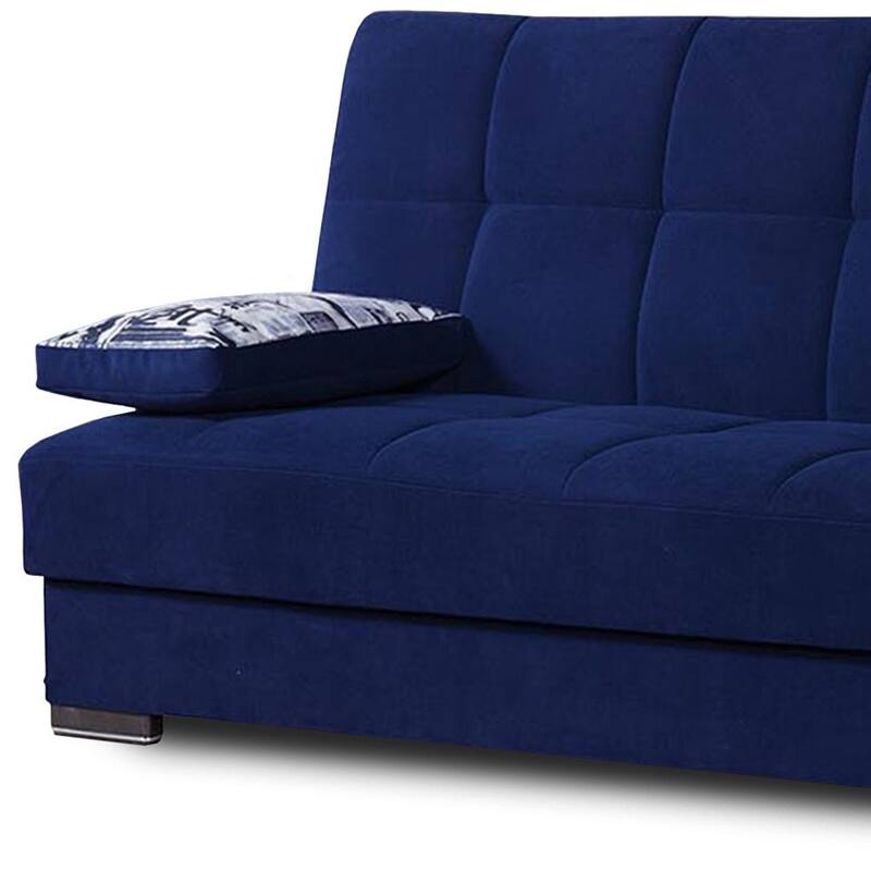 HomeRoots 75" Blue Chenille Convertible Futon Sleeper Sofa And Toss Pillows With Storage