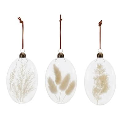 Natural Dried Floral Glass Christmas Ornaments - 5.5" - White and Beige -12ct
