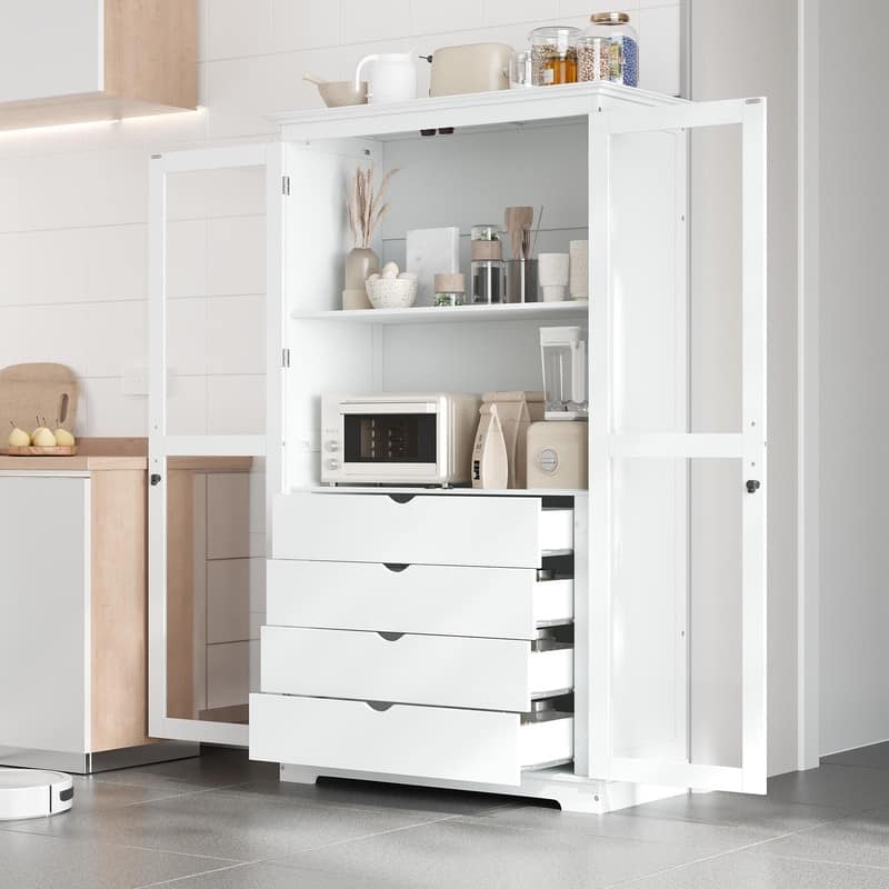 75" Tall Pine Wood Kitchen Pantry Cabinet with Glass Doors Four Drawers and Anti-Tipping Safety Features
