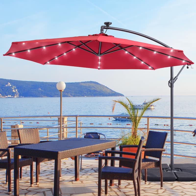 10Ft LED Patio Offset Umbrella Hanging Circle Umbrellas,w/Cross Base