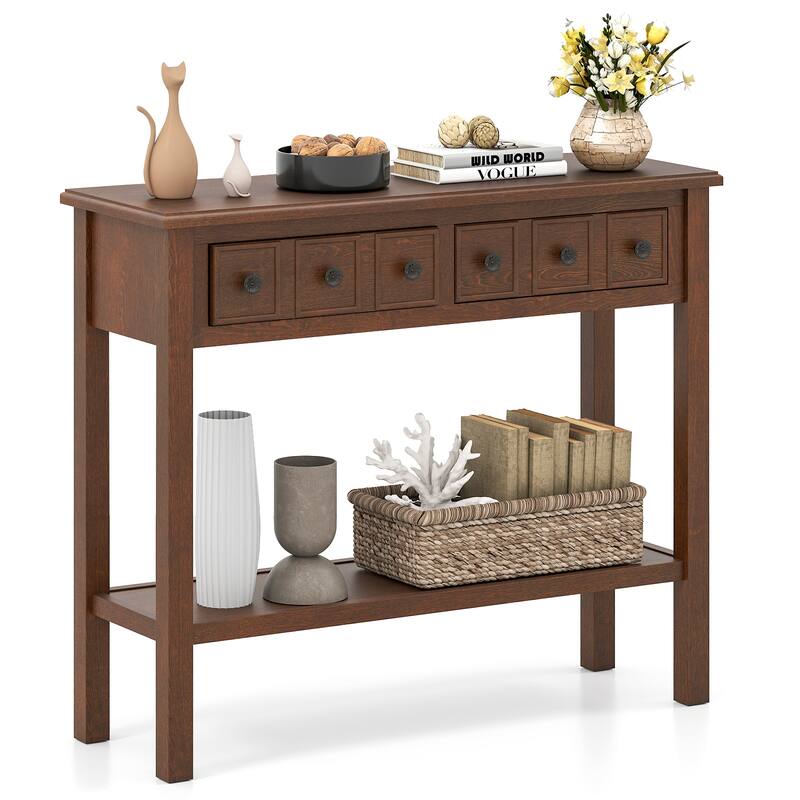 Espresso Rustic Console Table with Drawers and Shelf Solid Pine Wood Entryway Table - 38" x 13" x 32"