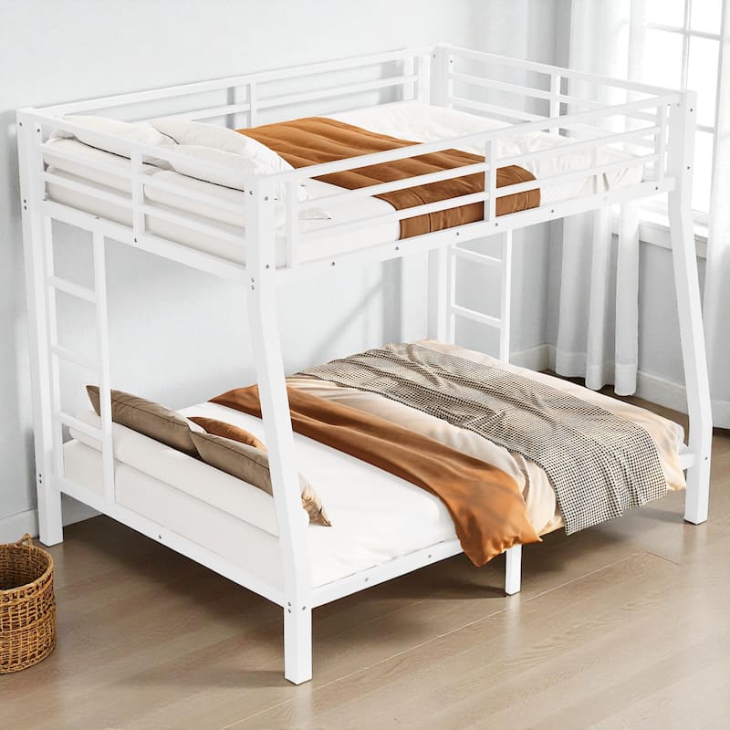 Metal Full XL over Queen Bunk Bed for Teens and Adults, Heavy-Duty Frame with Ladder, Noise-Free & Space-Saving Design - White - Queen