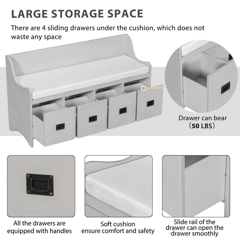 Movable Cushion Storage Bench With Drawers And Backrest Shoe Bench Bench With Removable Cushion