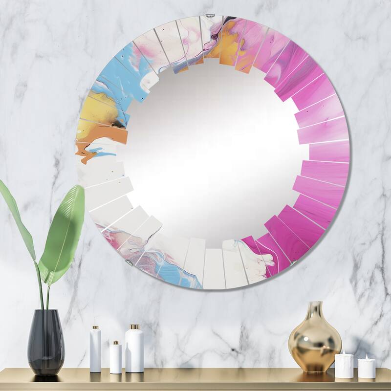Designart "Fushia Pink and Light Blue Fluid Illusions II" Abstract Modern Wall Mirror - 32in.x32in.