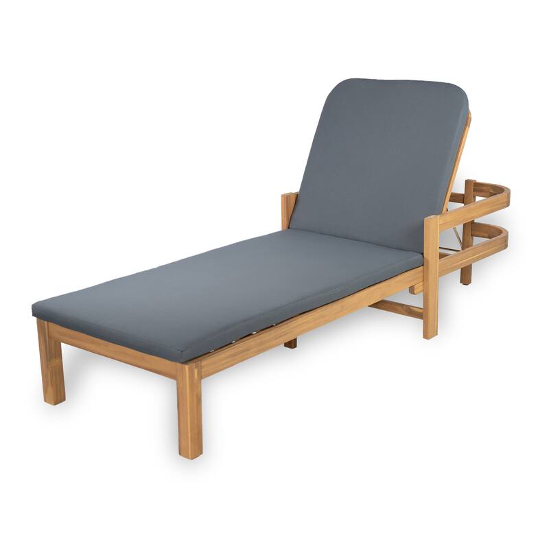 Roomfitters Outdoor Acacia Wood Chaise Lounge with Adjustable Backrest and Cushioned Seat for Patio or Poolside, Dark Gray