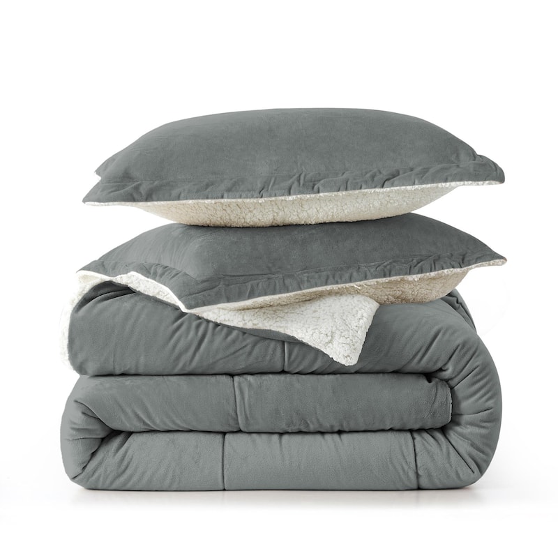 Dual-Side Fluffy Sherpa Comforter Set, Winter Plush Fuzzy Bedding Set