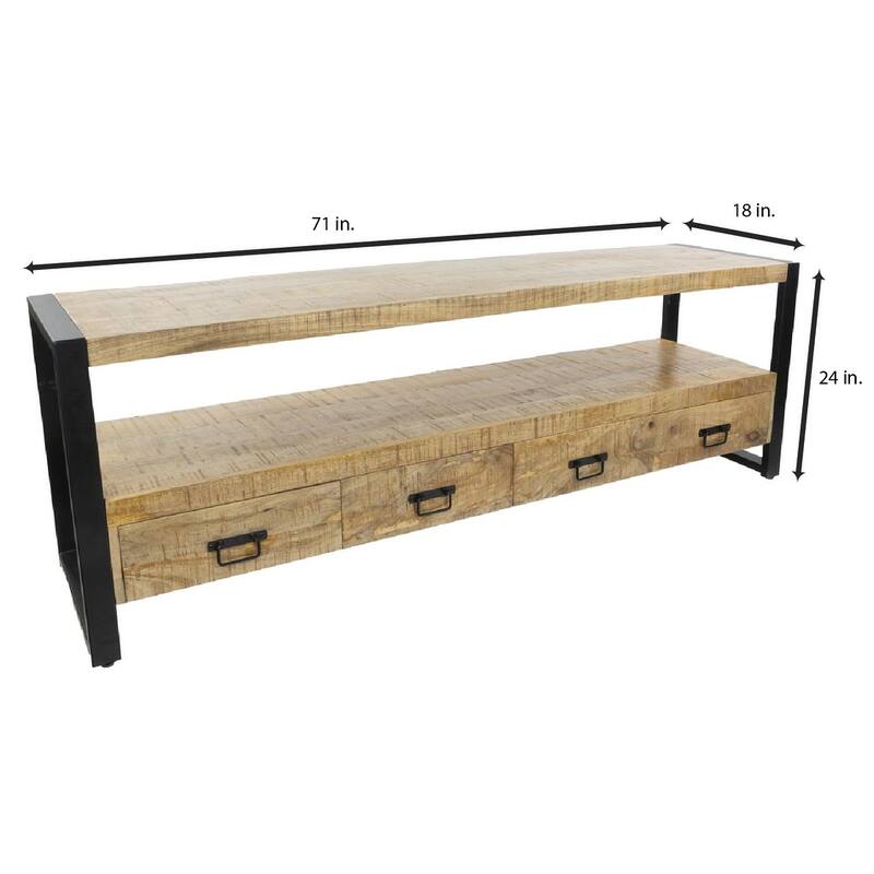 71" Solid Mango Wood Industrial TV Stand with Storage Drawers