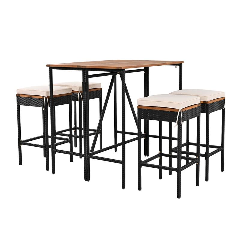 5-Piece Outdoor Acacia Wood Bar Height Table And Four Stools With Cushions