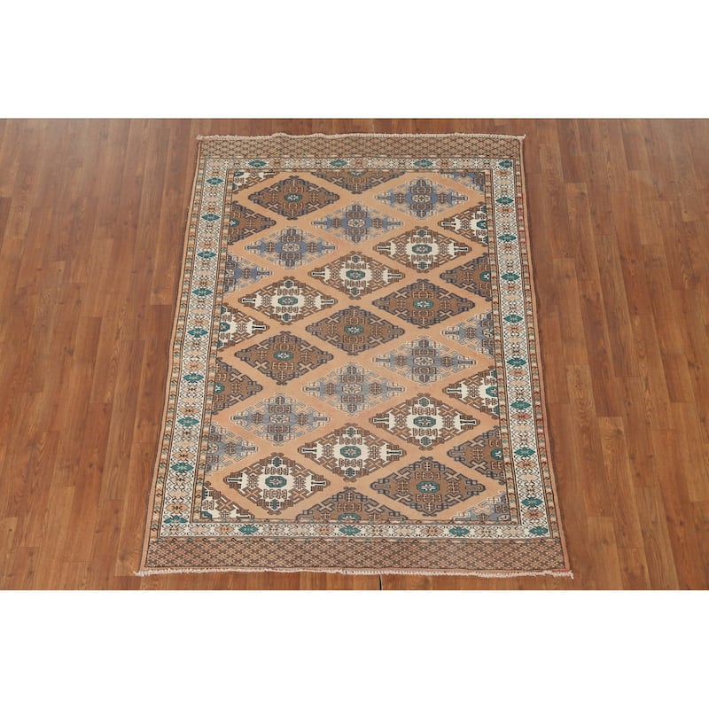 Geometric Turkoman Persian Vintage Area Rug Handmade Wool Carpet - 4'5" x 5'11"