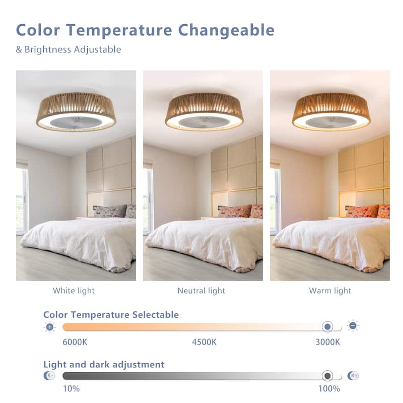 21" Bohemian Braided Ceiling Fan Light, Silent Remote Control with Timing Function, Adjustable Color Temperature