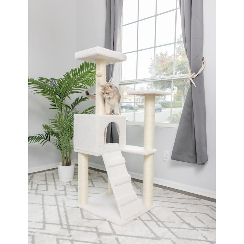 Ivory Fleece Covered 53" High Real Wood Cat tree