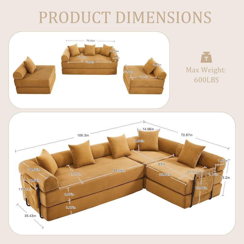 HOMEFUN Corduroy Upholstered Convertible Folding Sofa Bed with Fixed Frame and Pillow Back Handrail