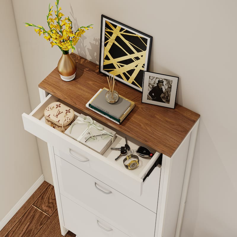Hidden Wood Shoe Storage Cabinet, Narrow Shoe Cabinet with Drawers, 3-Tier 15 Pair Shoe Rack for Hallway, Entryway