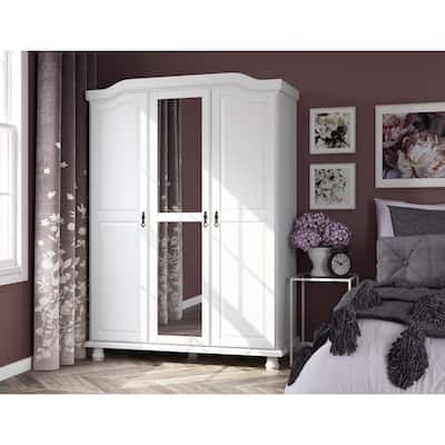 100% Solid Wood Kyle 3-Door Wardrobe Armoire with Mirrored Door