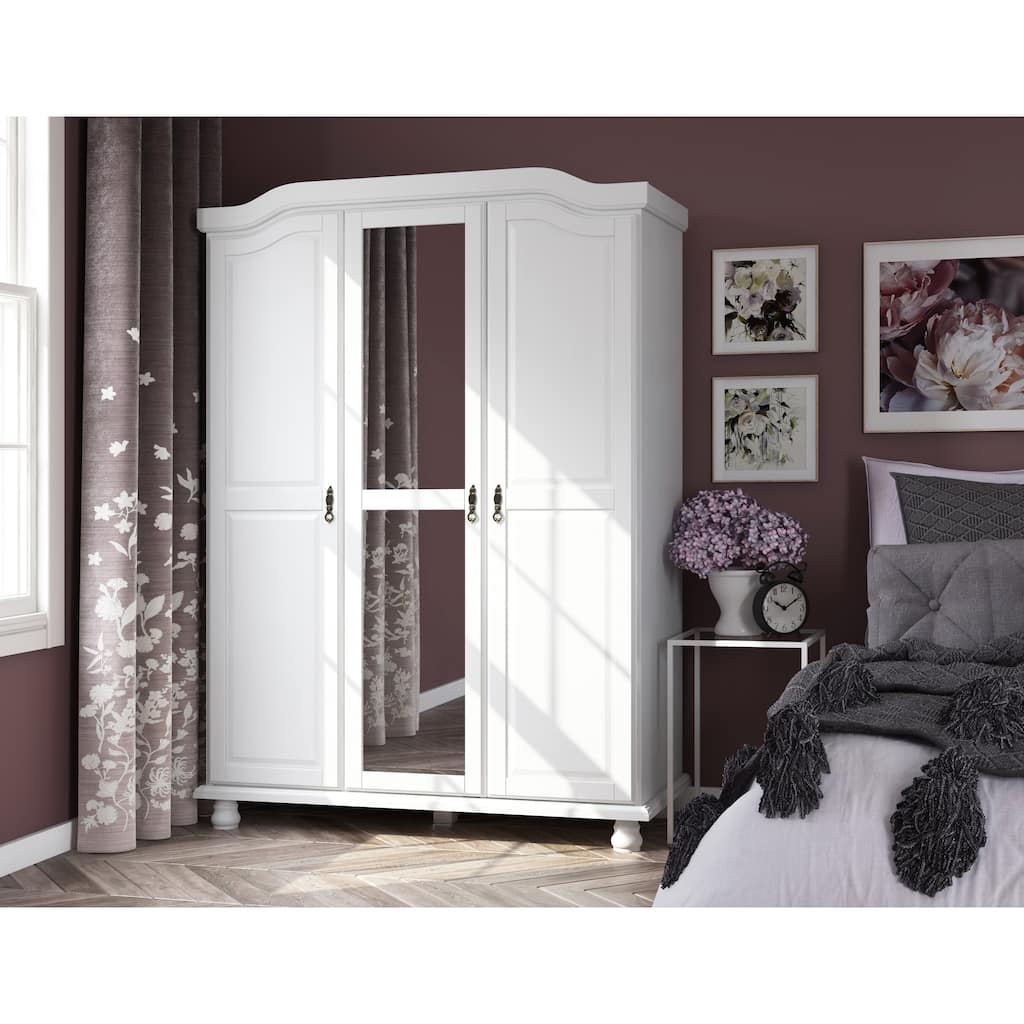 100% Solid Wood Kyle 3-Door Wardrobe Armoire with Mirrored Door