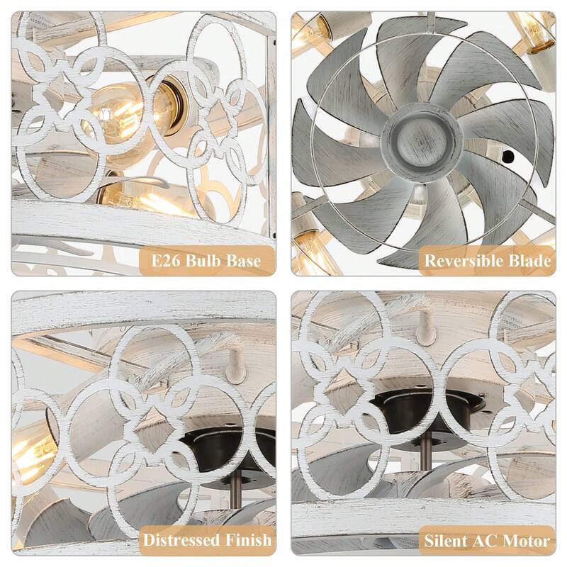Cusp Barn 20 Inch Distressed White Ceiling Fan, Low Profile 6-Light Light Fixture, Caged Bladeless Flush Mount Fans for Bedroom