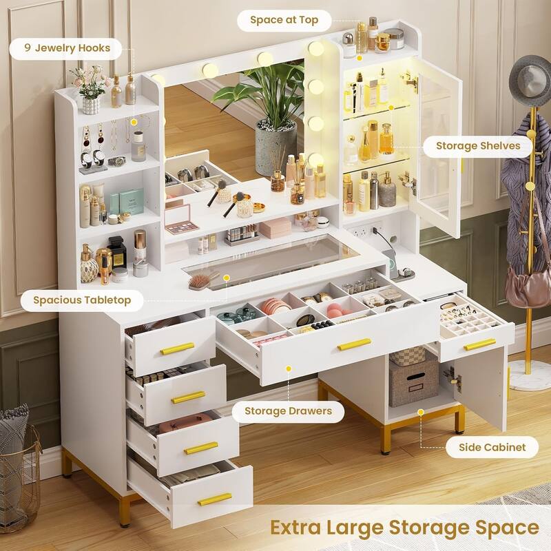 Makeup Vanity Desk Light Bulbs & RGB Cabinets Drawers Storage Shelves
