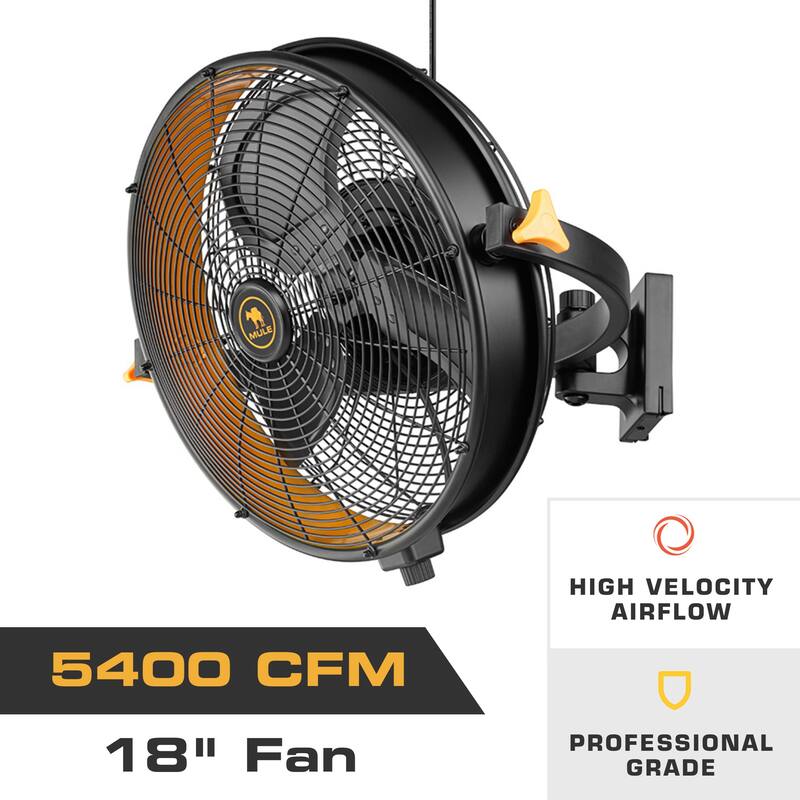 18" Mule Matte Black Outdoor Wet-Rated Pivoting Wall Fan, 3-Speed AC Motor - 18 Inches - Black - 18 Inches