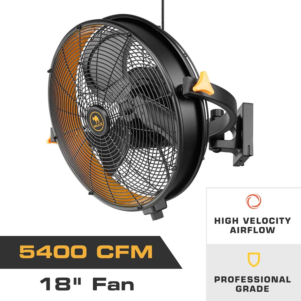 18" Mule Matte Black Outdoor Wet-Rated Pivoting Wall Fan, 3-Speed AC Motor - 18 Inches