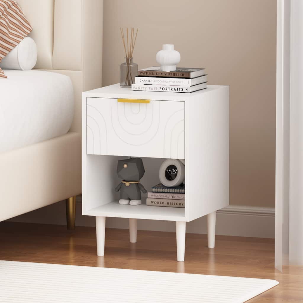 Modern White Nightstand with Spacious Drawer and Gold-Accented Handle for Elegant Bedroom Decor