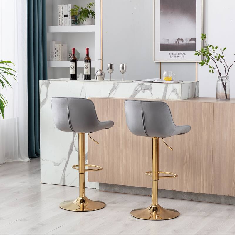 2 Velvet Bar Stools with Chrome Footrest and Base Swivel Height Adjustable - N/A