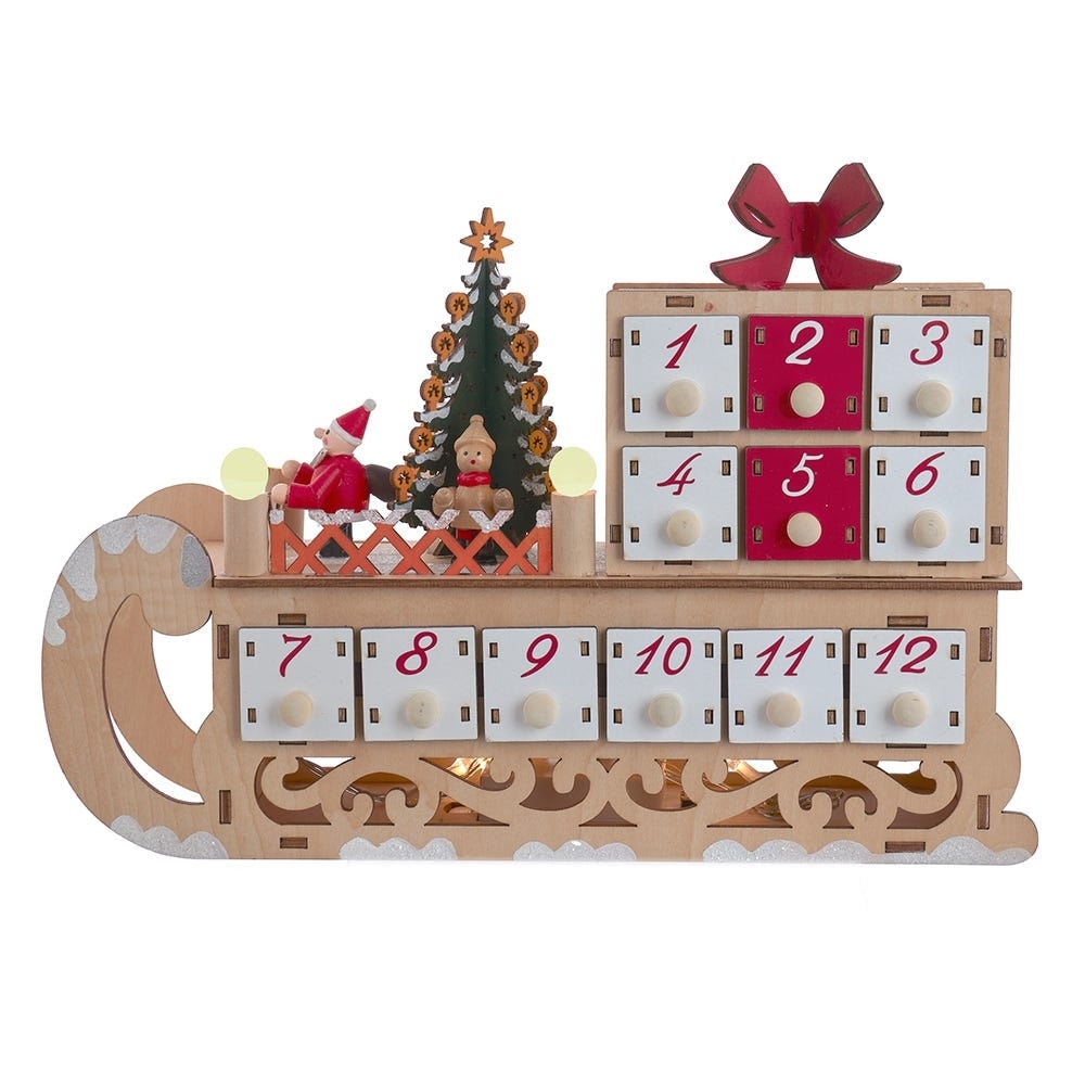 Kurt Adler 8.30-Inch Battery Operated 6-light LED Santa Sleigh With Advent Calendar - Tan