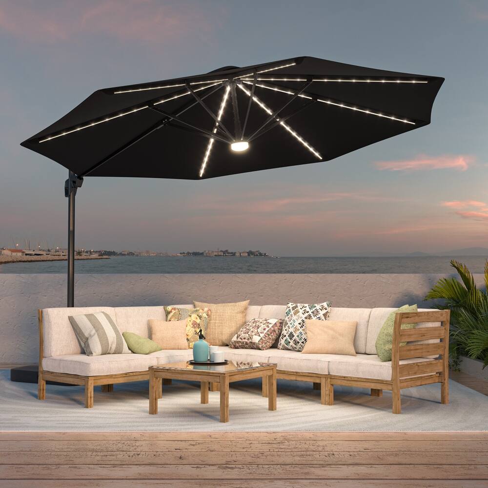 BONOSUKI 11ft LED Aluminum Patio Cantilever Offset Umbrella with Base