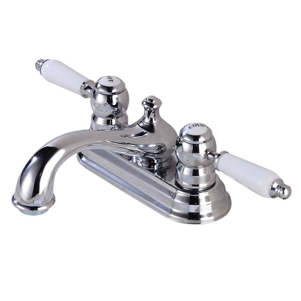 Chrome Polished Brass Centerset Bathroom Sink Faucet 4" L Lux Belle Style White Double Handles Hot and Cold Renovators Supply