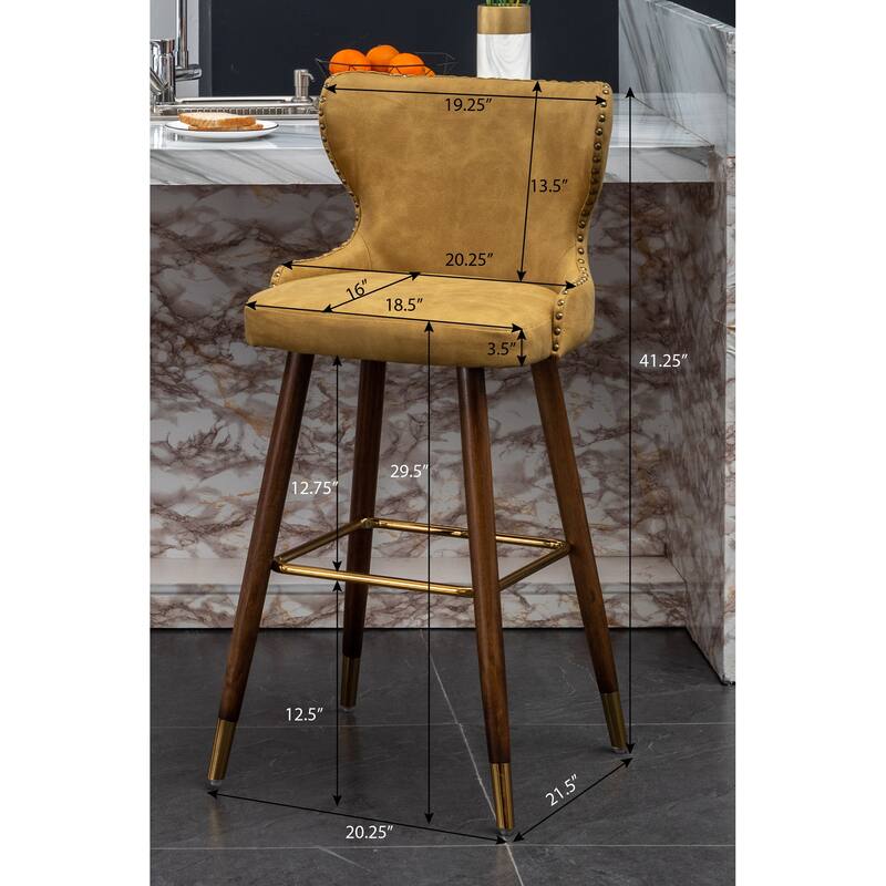 Nailhead Trim High Bar Stool, Faux Leather Bistro Counter Chair with Horn Backrest Kitchen Island Dining Chair, Set of 2