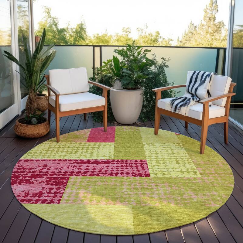 Machine Washable Indoor/ Outdoor Modern Blocks Chantille Rug - Lime - 8' x 8'