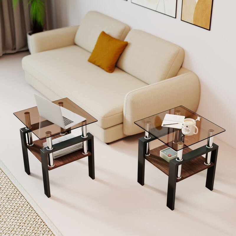 Set of 2, Modern Tempered Glass Tea Table, Tempered Glass Tabletop with MDF Layer, Coffee Table, Square Table