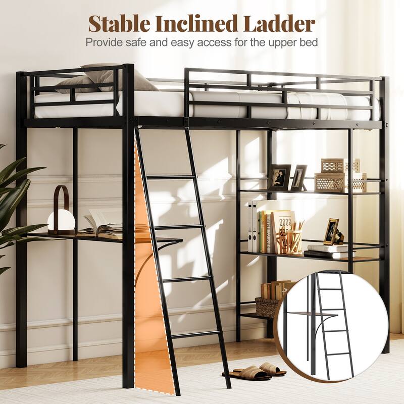 Gymax Twin Size Loft Bed w/ Desk & Shelves Inclined Ladder &