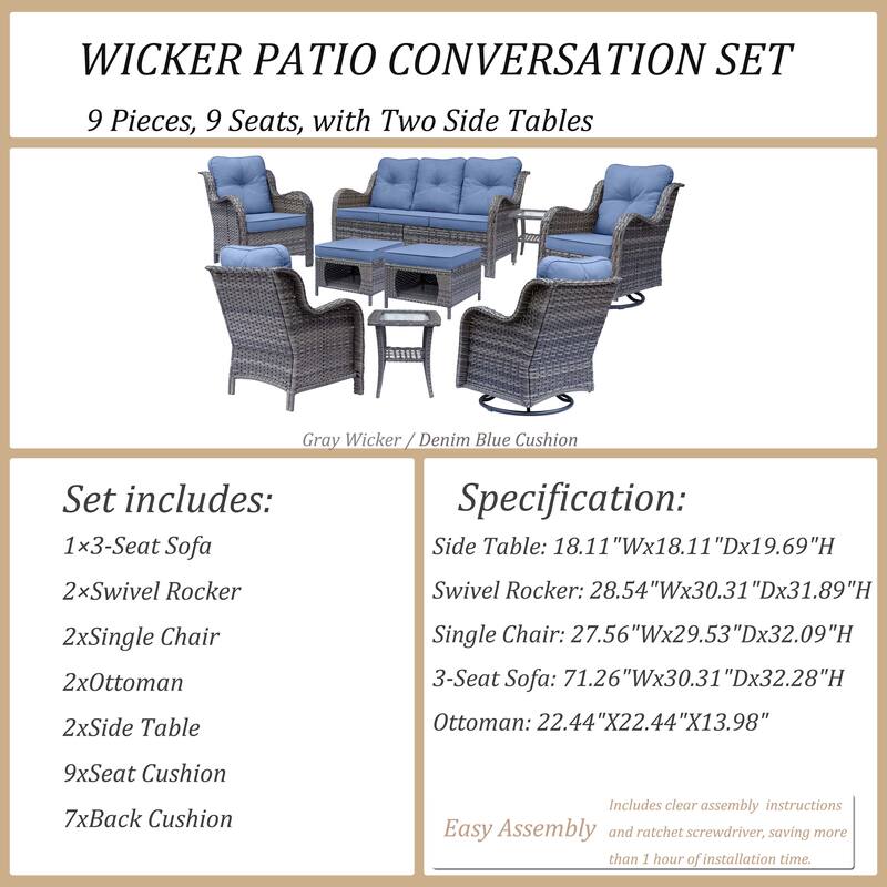 9 Piece Outdoor Wicker Patio Conversation Furniture Swivel Chairs Sets