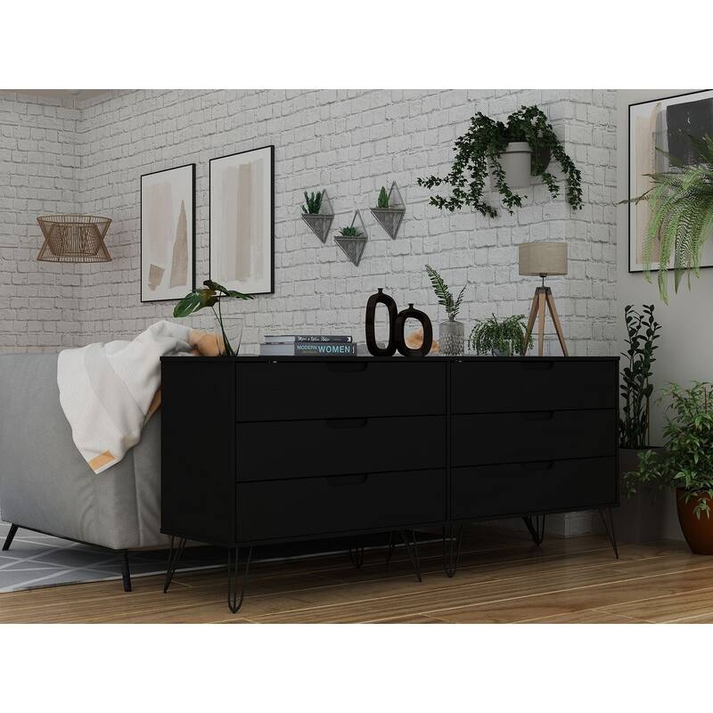 Manhattan Comfort Rockefeller 6-Drawer Double Low Dresser with Metal Legs