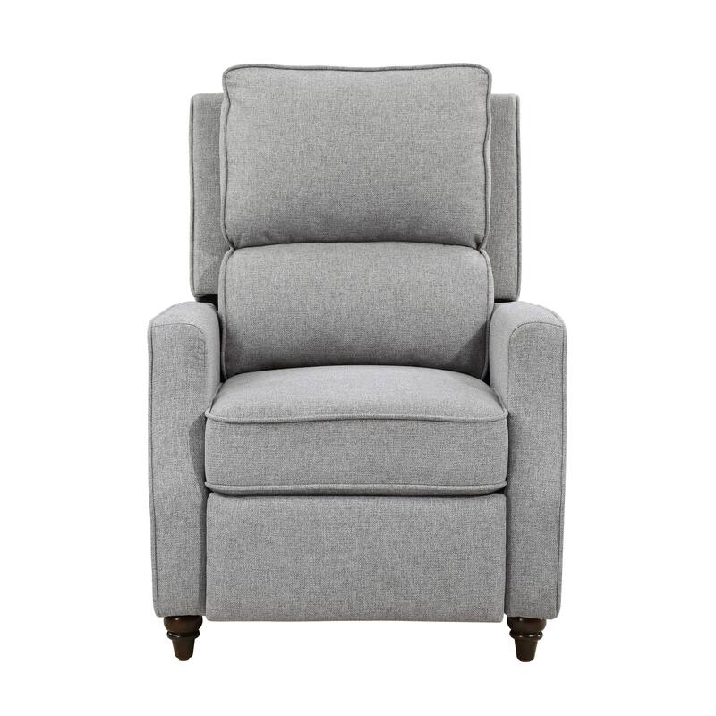 Isac 37 Inch Push Back Recliner Chair, Gray Polyester, Brown Solid Wood