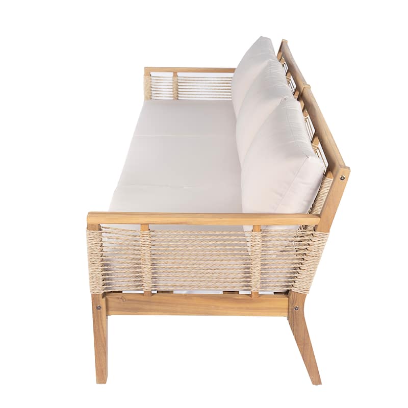 Roomfitters 5-Piece Patio Sofa Set, Modern Rope Weave Outdoor Furniture, 3-Seater Sofa, 2 Armchairs and 2 Tables, Teak+Beige