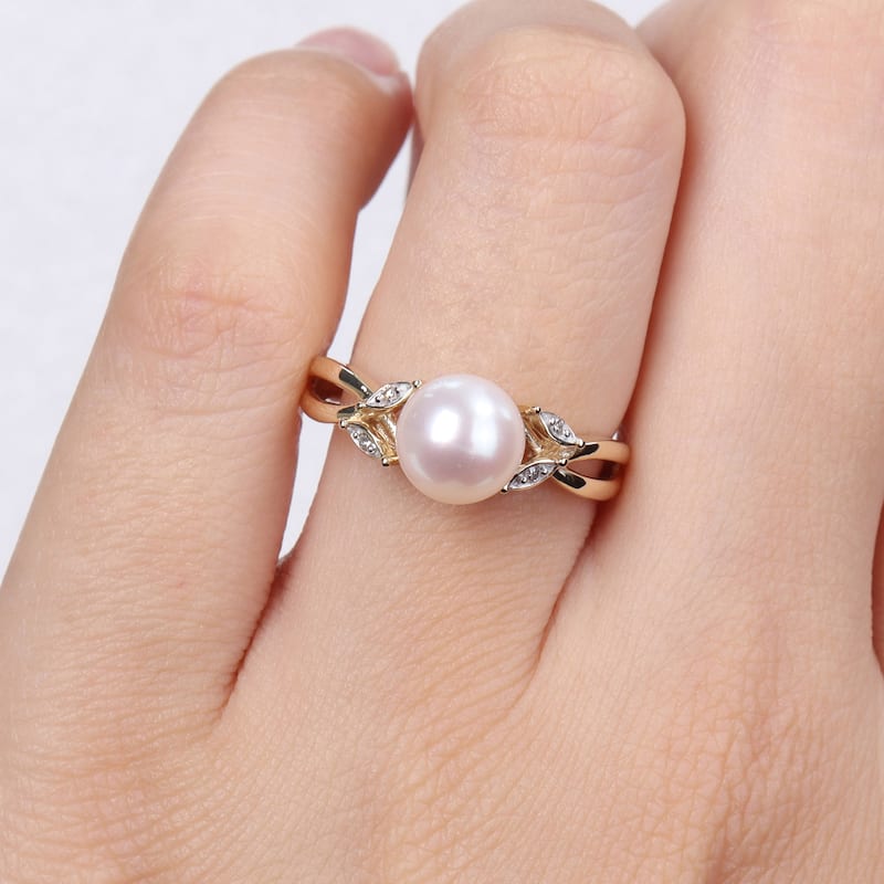 Miadora 7.5-8mm White Cultured Freshwater Pearl and Diamond Accent Split-Shank Ring in 10k Yellow Gold