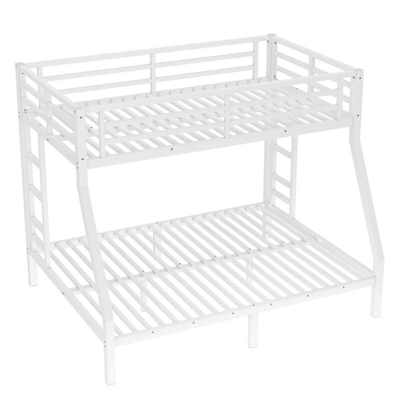 White Metal Twin over Full Bunk Bed Frame with Slats, 2 Side Ladder