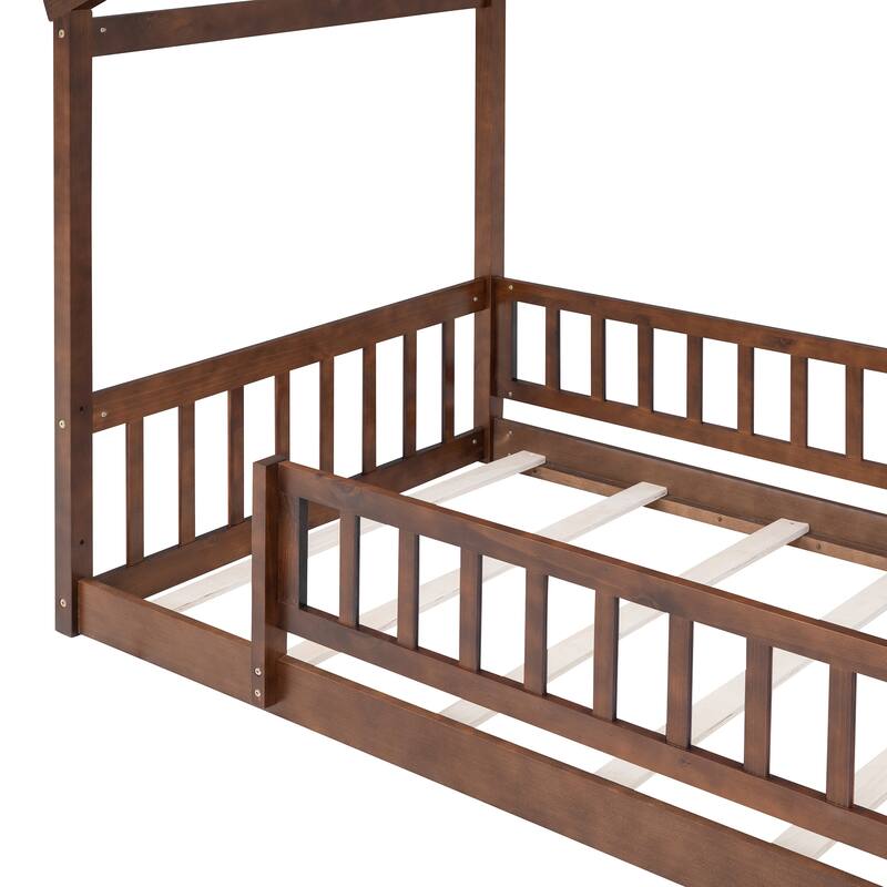 Twin Size Wood House Bed Frame with Roof and Fence - Fun and Safe Design for Children's Bedrooms, Small Space
