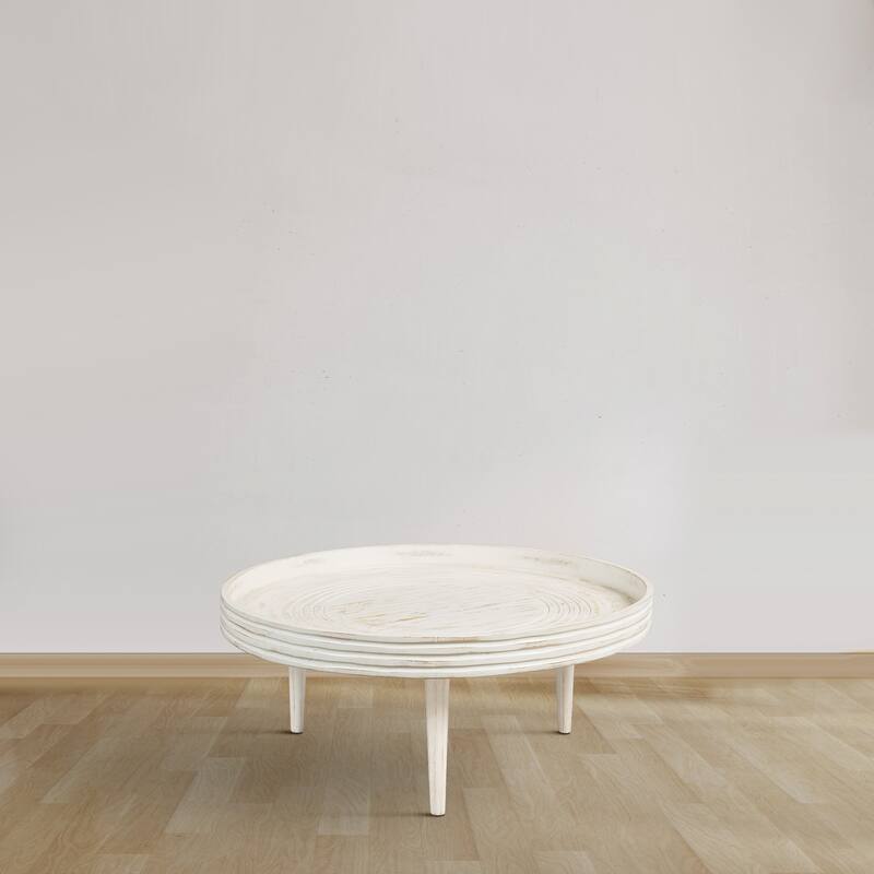 33 Inch Coffee Table, Solid Mango Wood, Handcrafted Round Grooved Raised Edge Distressed White
