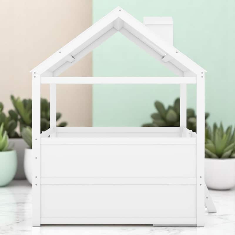 Twin/Full Size Wooden House Bed Frame with Skylight Roof, Drawers, Shelves and Ladder
