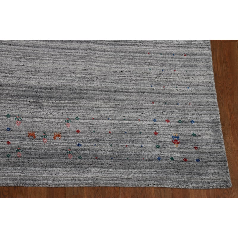 Hand Knotted Oriental 100% Wool Carpet Tribal Stripe Greys & Charcoal Gabbeh Area Rug - 9' 10'' X 8' 3''