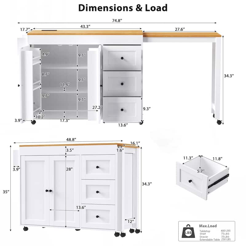 Kitchen Island with Extendable Dining Table, Kitchen Storage Cart with 3 Drawers, Power Outlet
