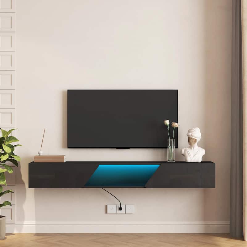 69" Modern TV Stand, Floating TV Cabinet Entertainment Center with 16 Color LEDs - Black