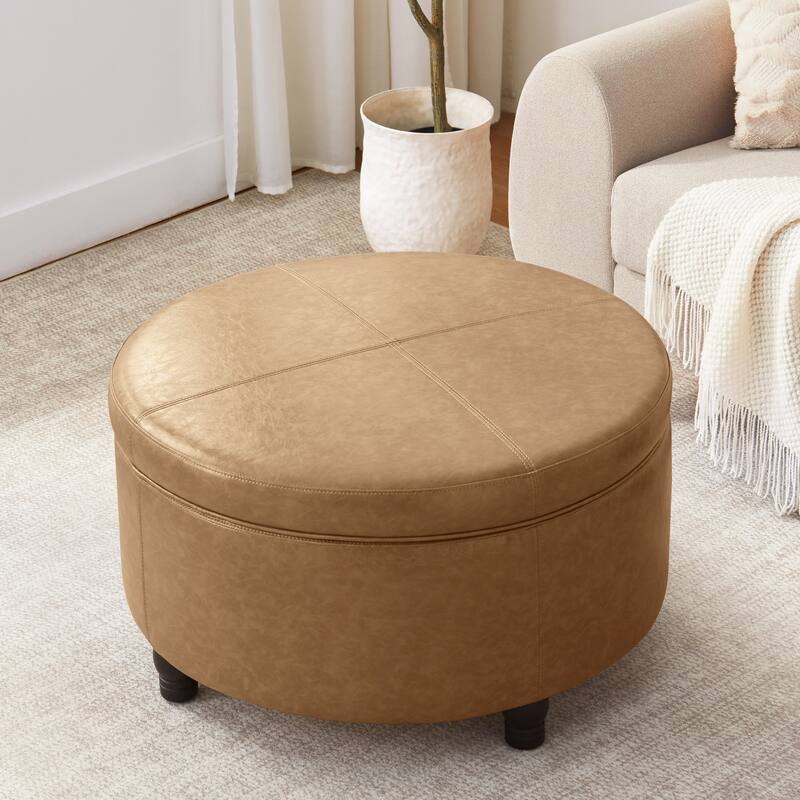 Faux Leather Round Storage Ottoman