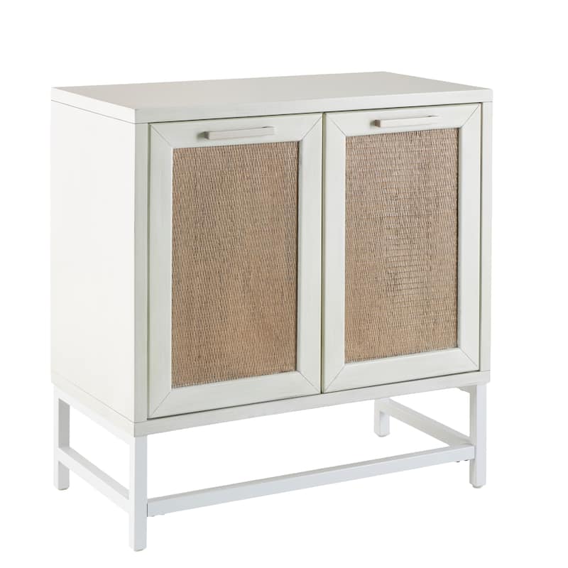 Wooden 2 Door Cabinet with Brown Woven Rattan Doors and Metal Base - White - Roche River Decor - 16"W x 30"L x 31"H