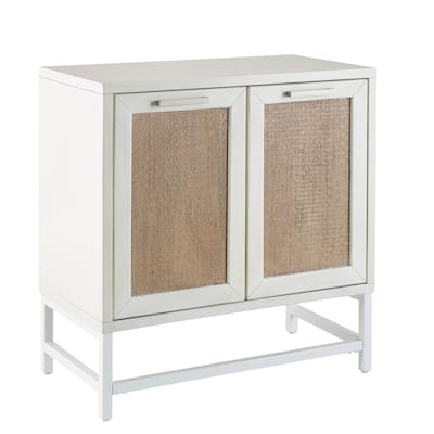 Wooden 2 Door Cabinet with Brown Woven Rattan Doors and Metal Base - White - Roche River Decor - 16"W x 30"L x 31"H